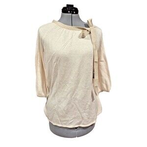 Cable And‎ Gauge Cashmere Blend Bow Neck Sweater Ivory Gold Bow  SZ L Coquette
